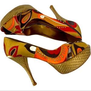 Sergio Zelcer Handmade Platform Retro Mod Print Peep Toe Platform Shoe Size 8